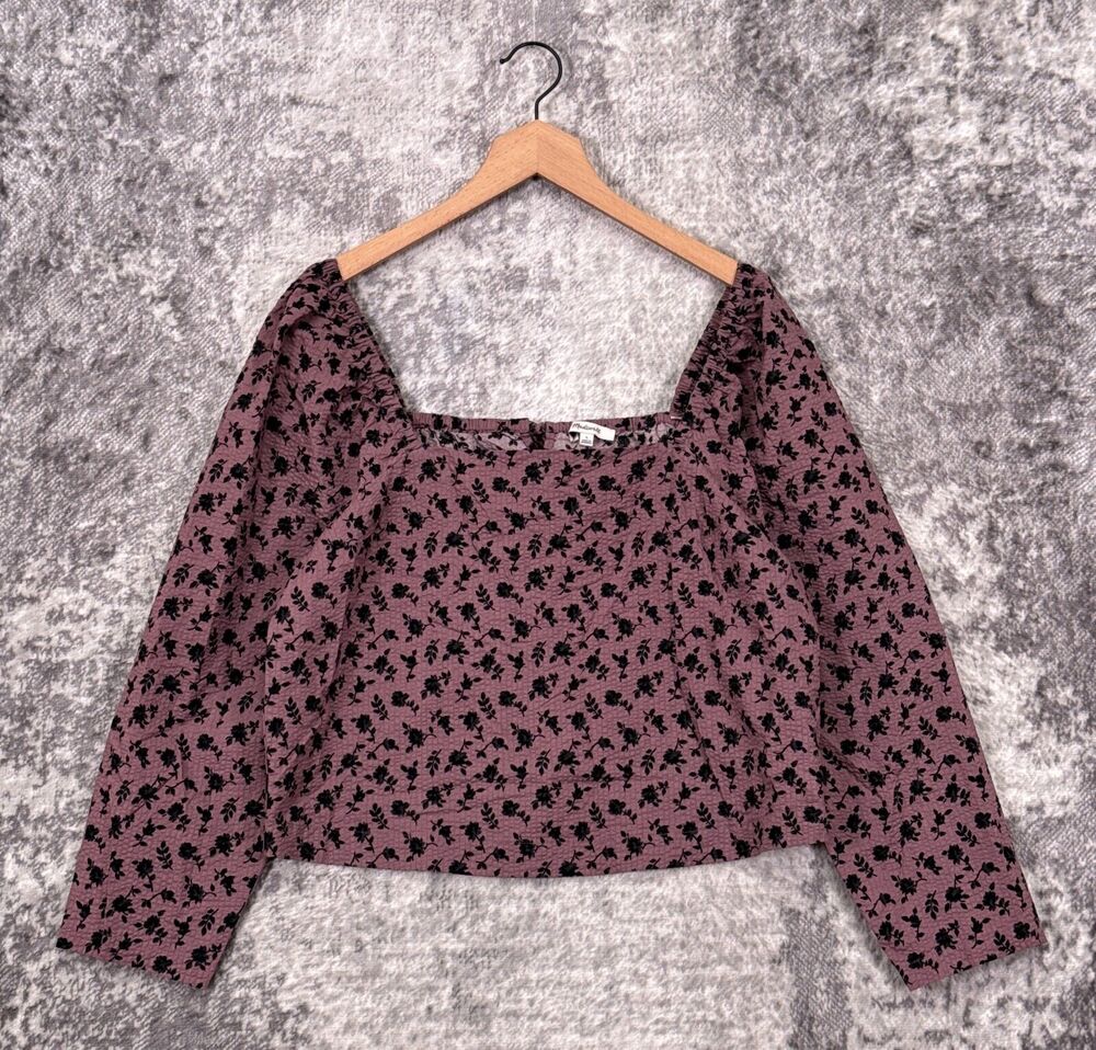 New Madewell Top Large Womens Purple Seersucker Square Neck Floral Blouse